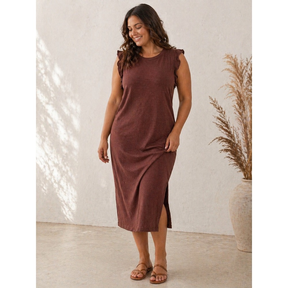 5/$25 NEW Universal Thread T-Shirt Dress Women XXL Brown‎ Ruffle Shoulder Midi